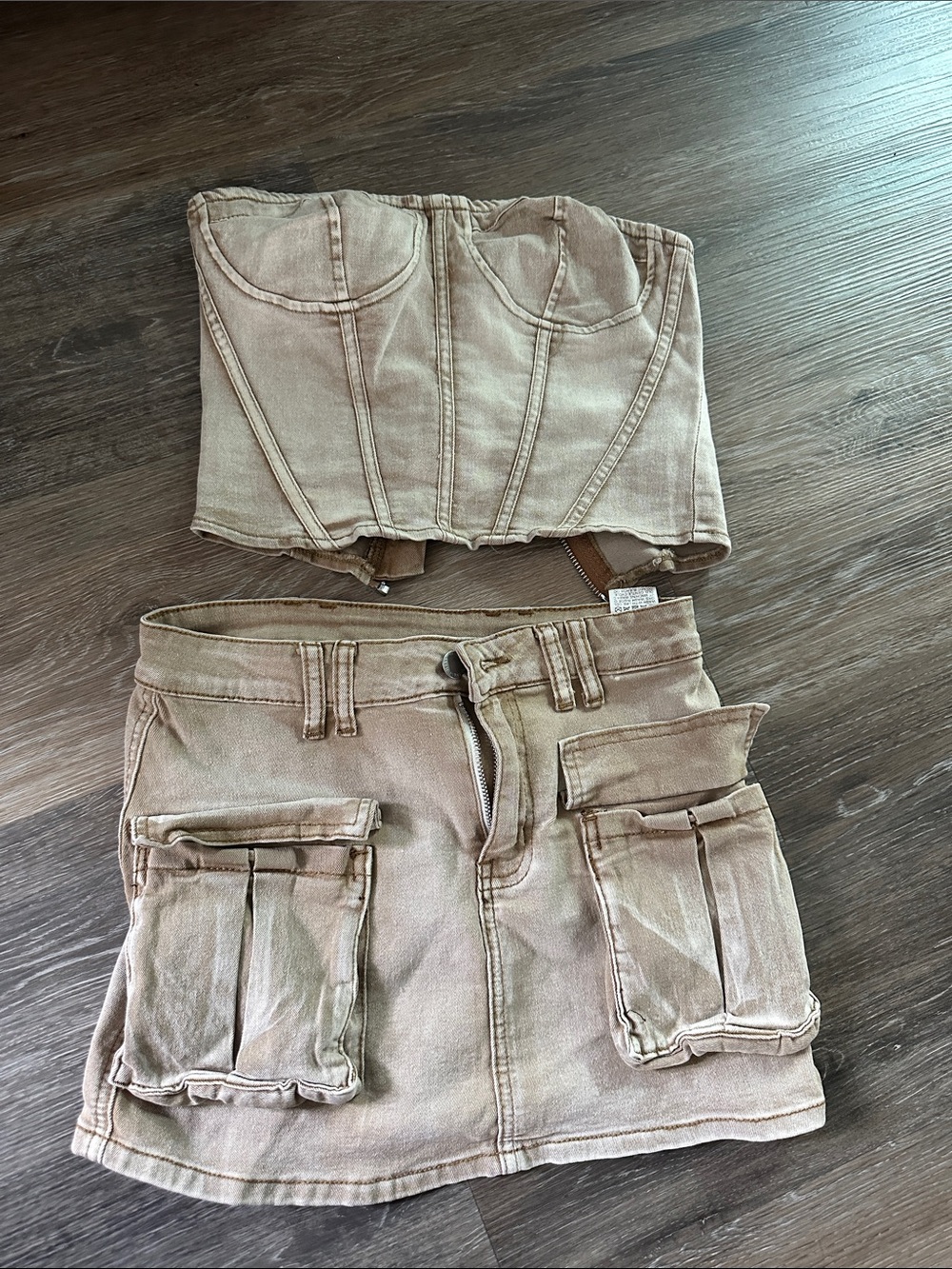 SHEIN Taupe Two-Piece Corset Top and Cargo Mini Skirt Set